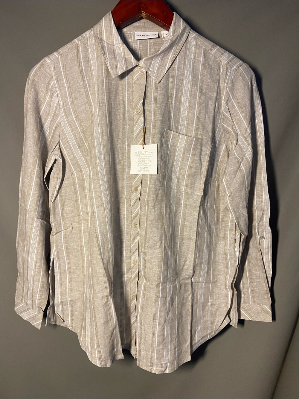 Susan Graver Women’s US-L Striped Linen Blend Button Up Blouse Top Beige NWOT